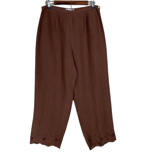 Jillian Jones Pants - Jillian Jones Linen Pants Chocolate Brown Eyelet Floral Embroidered Bohemian 12